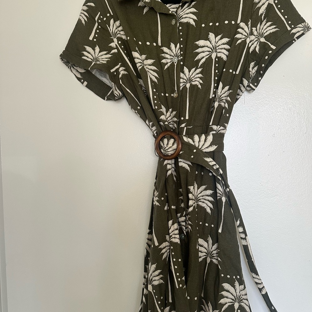 Tahari Olive Green Palm-Print Midi Shirt Dress with Belt